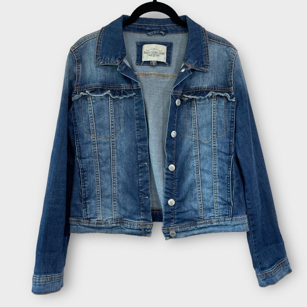 Women's medium wash denim jacket ruffles size small